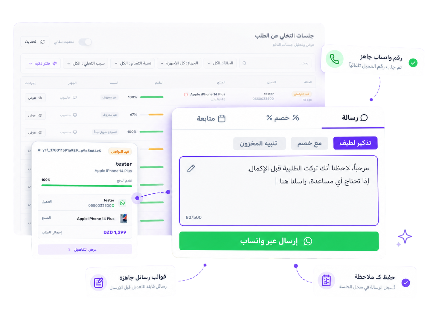 Yaxii one-click WhatsApp recovery interface with the buyer phone number and recovery message ready to send