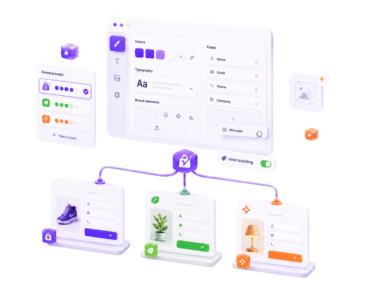 Yaxii Smart Form live customizer panel with per-client color, label, and field layout controls