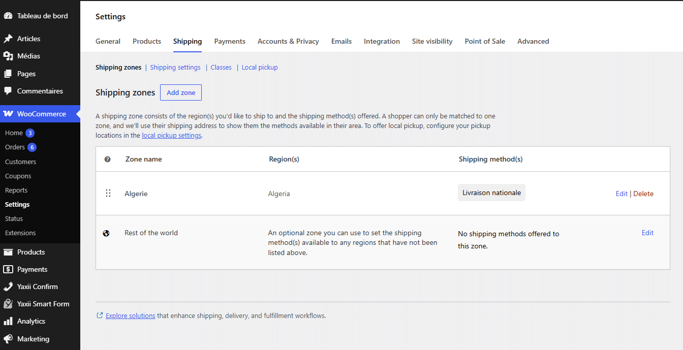 Capture des zones de livraison WooCommerce utilisées pour configurer les frais de livraison en Algérie.